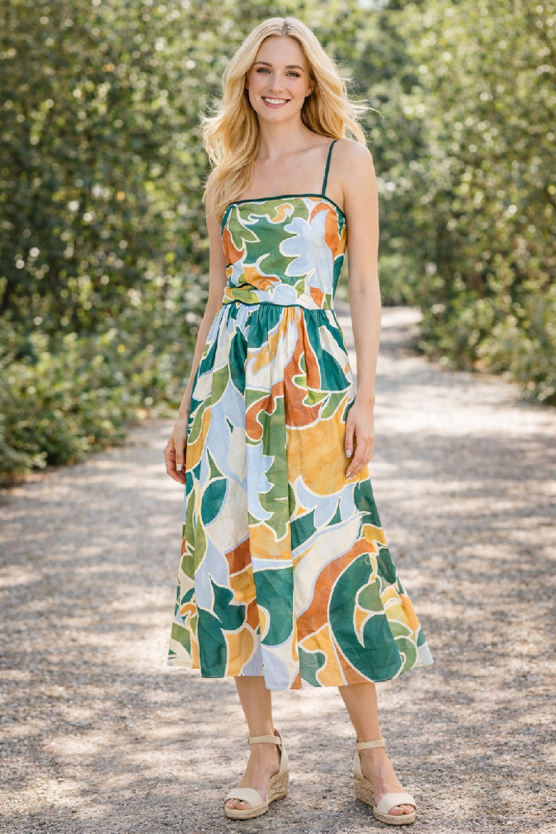 Poplin Abstract Print Midi Dress