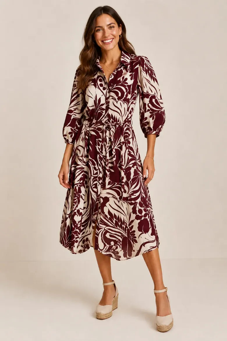 Linique Leaf Print Button Down Midi Dress