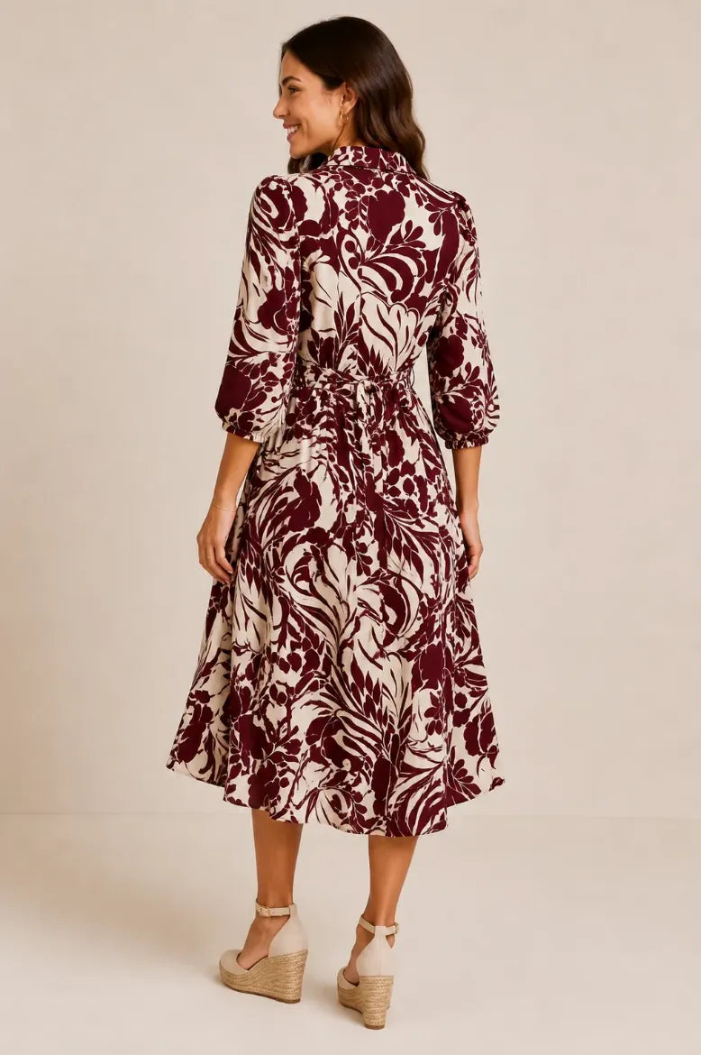 Linique Leaf Print Button Down Midi Dress