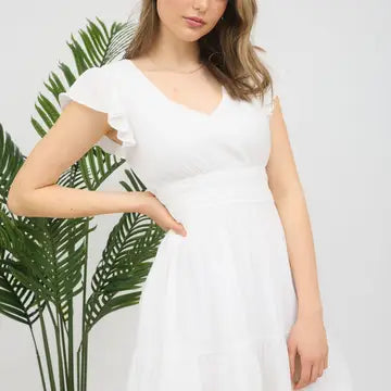 V Neck Short Sleeve Ruffle Detail Shirred Mini Dress