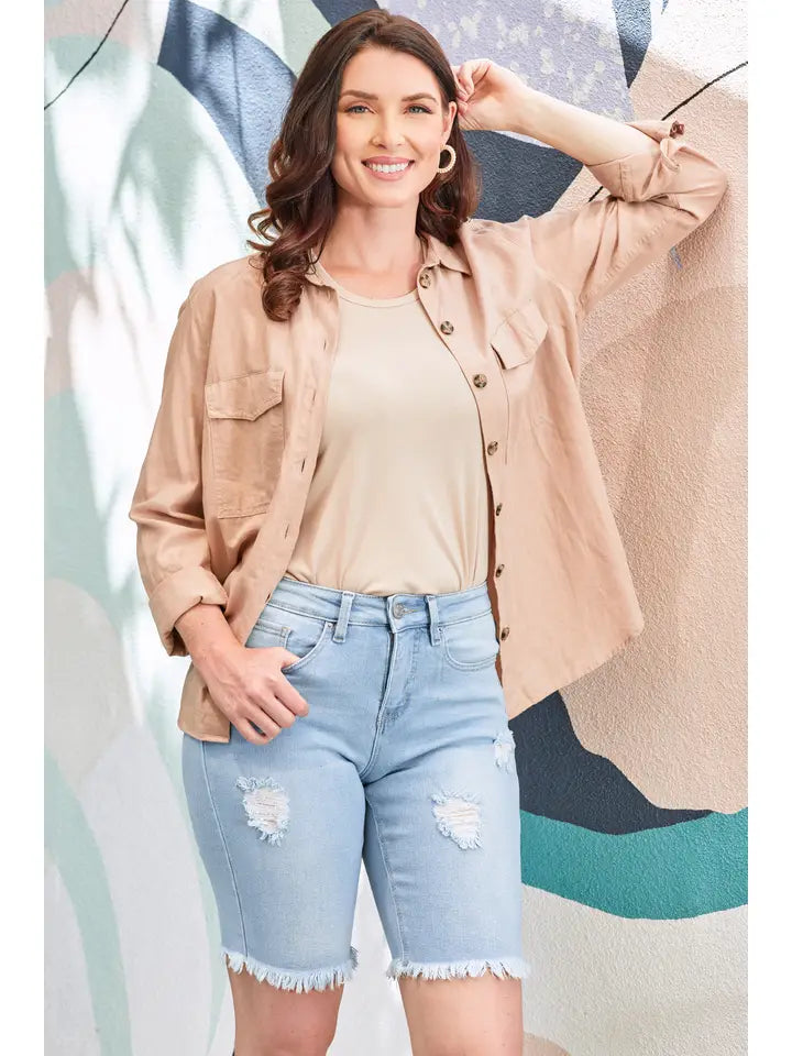 Vintage Dream Bermuda Shorts with Frayed Hem