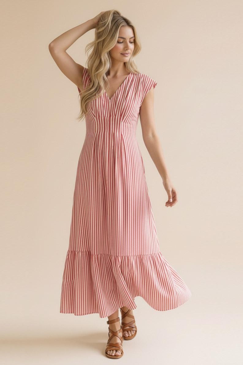 Red Stripe Smocked Waist Maxi Dress