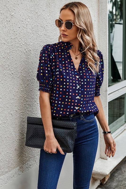Polka Dot Print Puff Sleeve Button Shirt