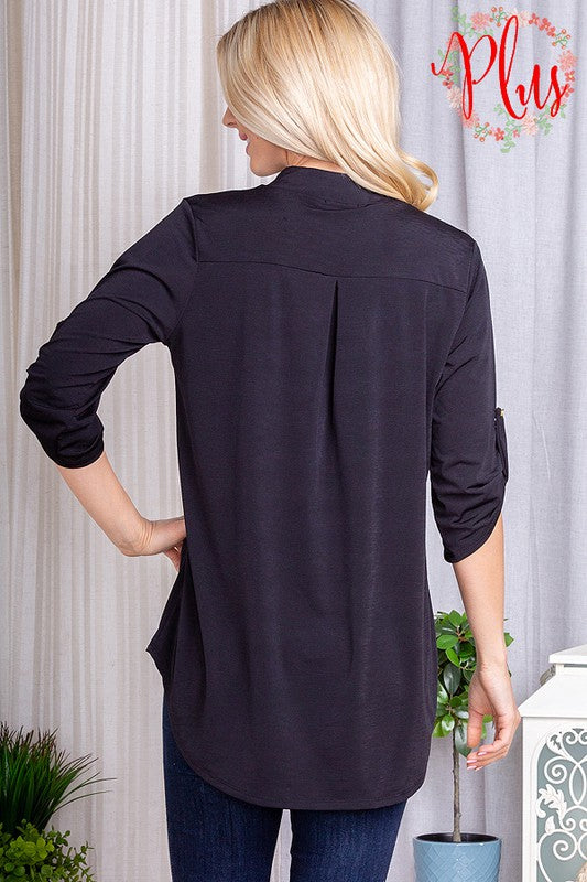 Roll-up Button Sleeve Collar Solid Top