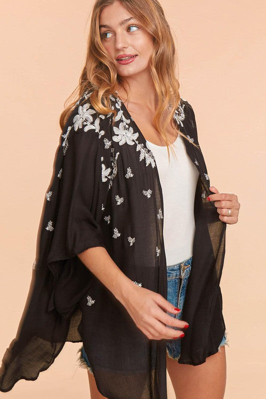 Embroidered Floral Open Kimono