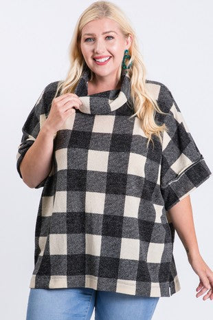 Cowl Neck Plaid Half Sleeve Top