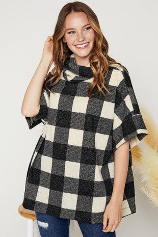 Cowl Neck Plaid Half Sleeve Top