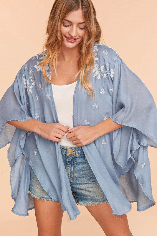 Embroidered Floral Open Kimono