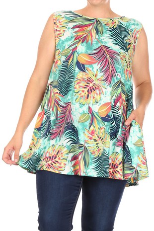 Leaf Print Tank Dress Round Neckline Pockets