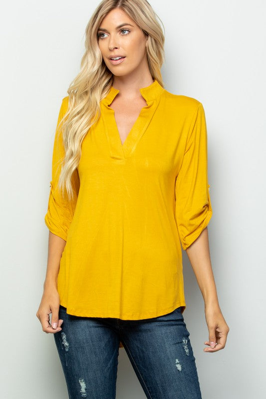 Button Sleeve Collar Solid Top