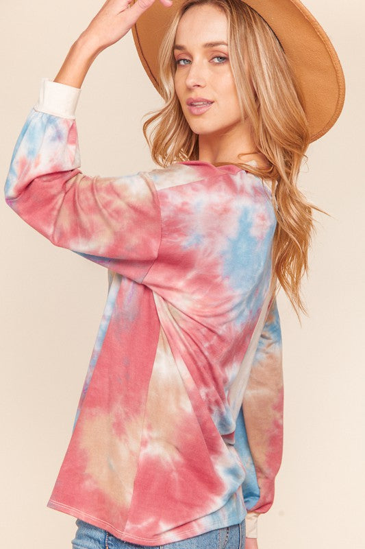 Tie Dye V Neck Button Down Bubble Sleeve Top