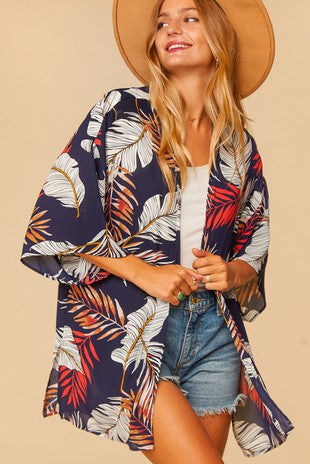 Tropical Print Wool Dobby Open Kimono