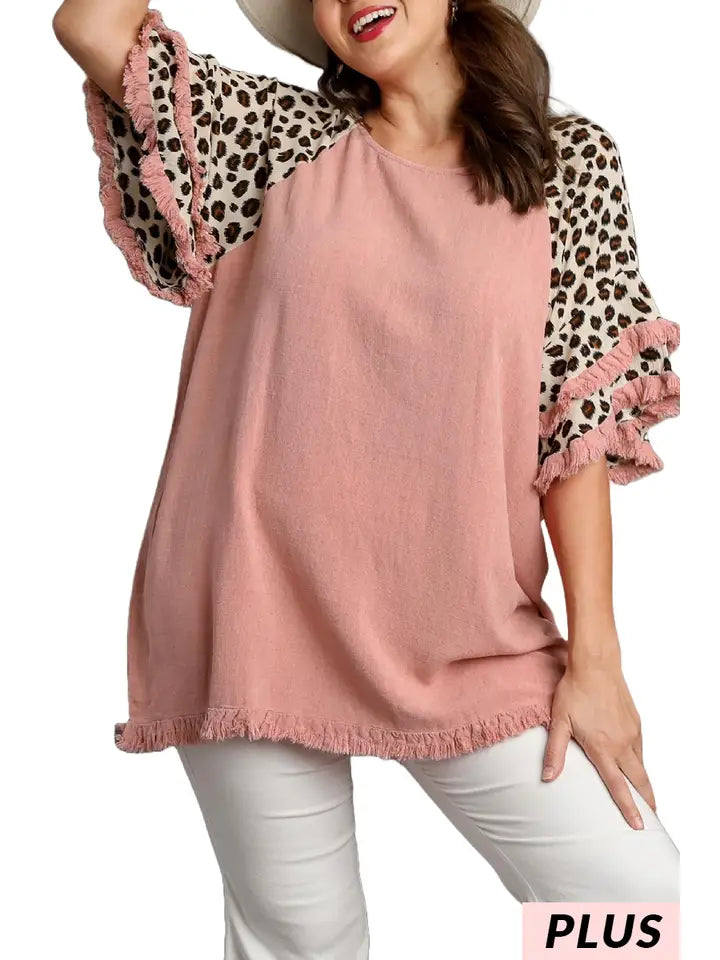 Linen Blend Animal Print Layered Bell Sleeve Top