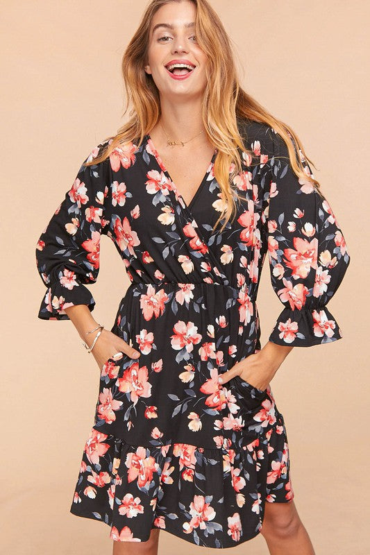 Surplice Floral Print Dress with Side Pockets