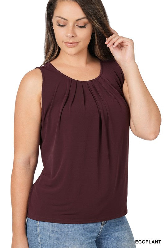 Plus Sleeveless Front Neck Pleat Top