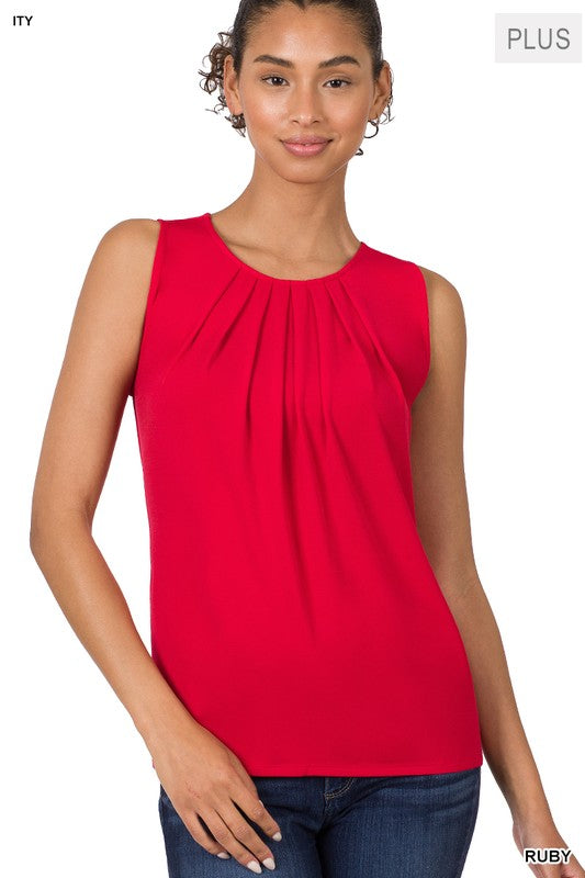 Plus Sleeveless Front Neck Pleat Top