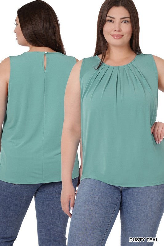 Plus Sleeveless Front Neck Pleat Top