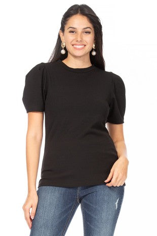 Solid Puff Short Sleeve Top with Mock Neckline