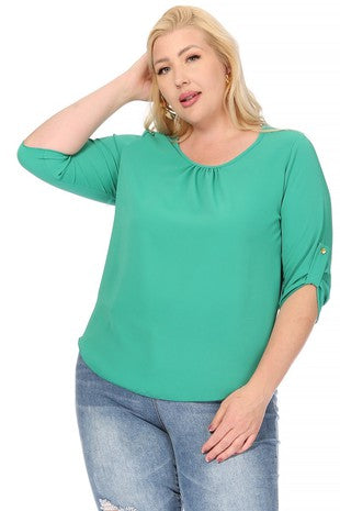 Round Neck Top with Button Tab Sleeve