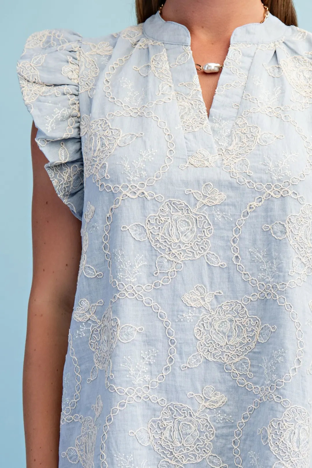 Embroidered Mini Dress with Ruffle Sleeve