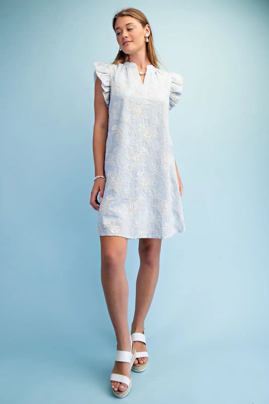 Embroidered Mini Dress with Ruffle Sleeve