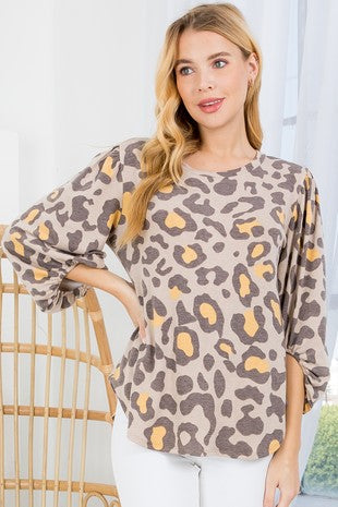 Animal Print 3/4 Sleeve Knit Tunic Top