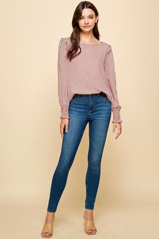 Plaid Smocked Long Sleeve Top