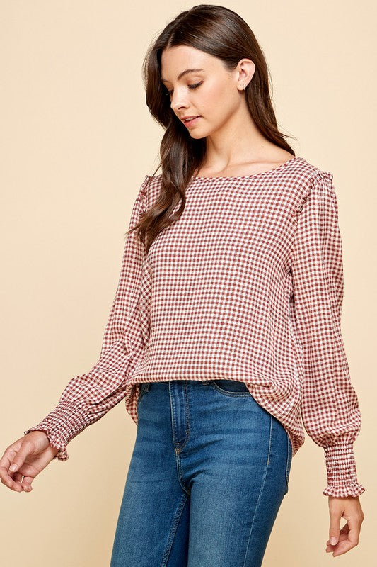 Plaid Smocked Long Sleeve Top