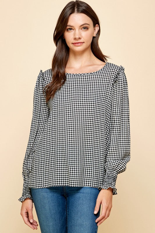 Plaid Smocked Long Sleeve Top