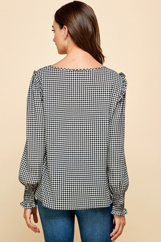 Plaid Smocked Long Sleeve Top