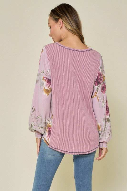 Floral and Ribbed Long Sleeve Top