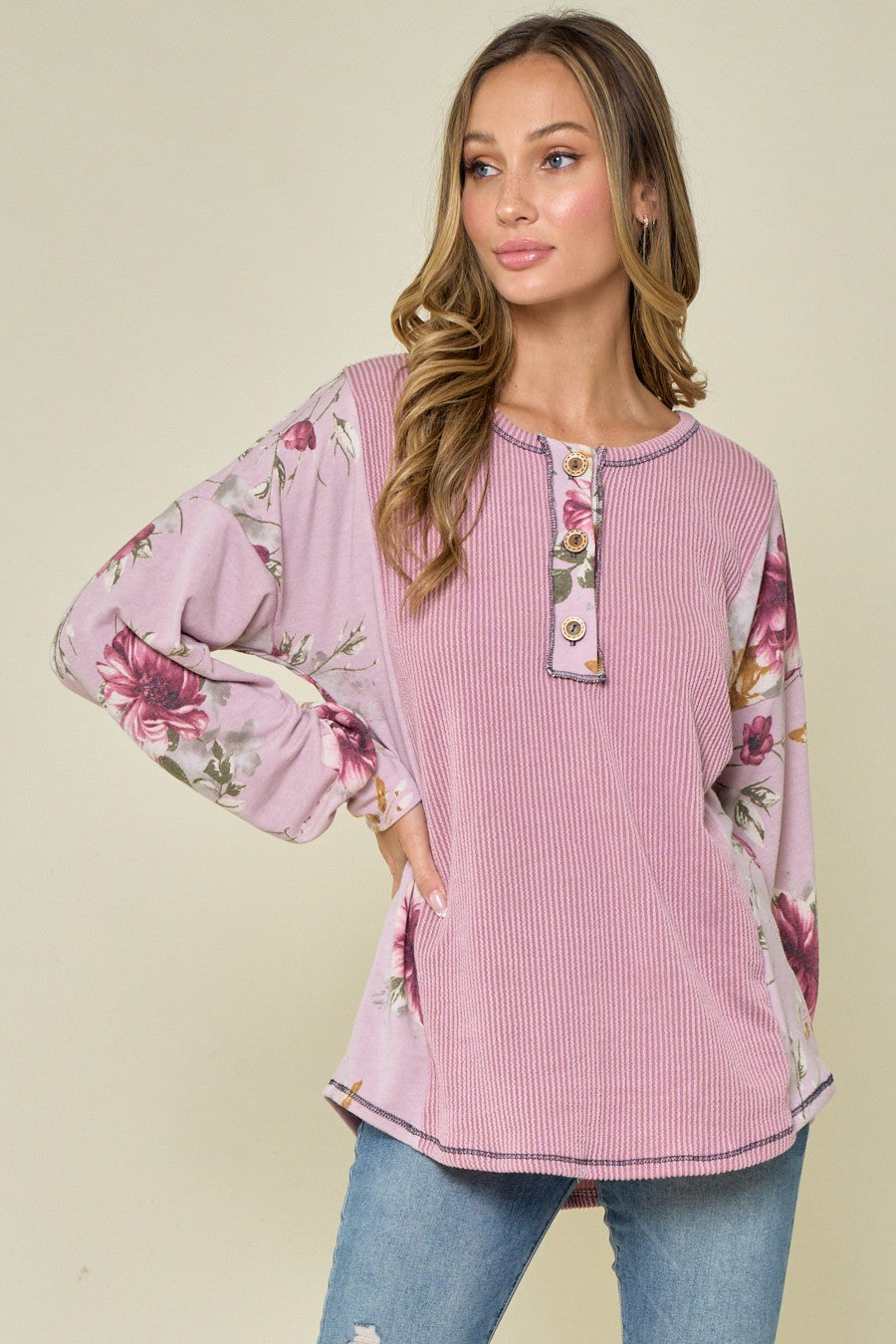 Floral and Ribbed Long Sleeve Top