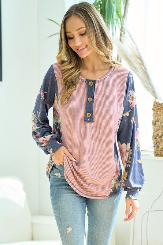 Floral and Ribbed Long Sleeve Top