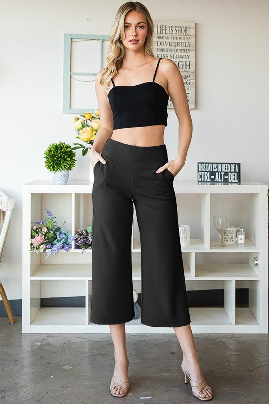 Wide Waistband Solid Culottes Pants with Pockets