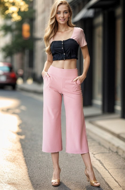 Wide Waistband Solid Culottes Pants with Pockets