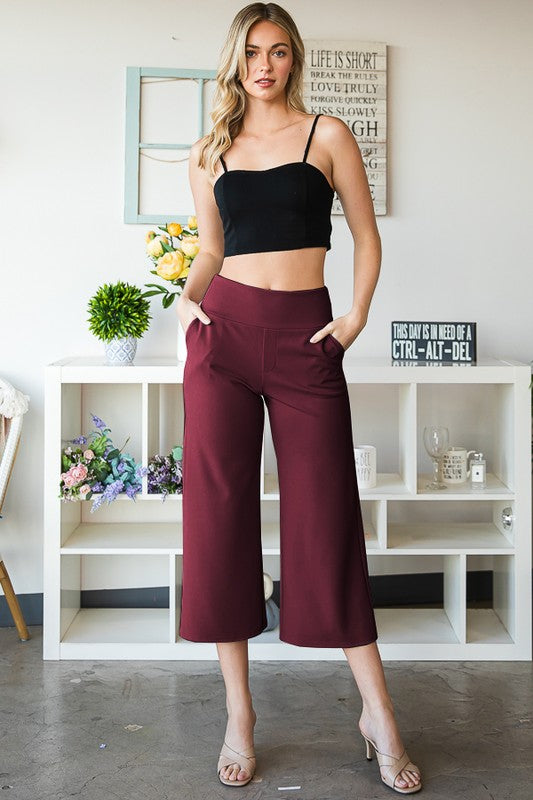 Wide Waistband Solid Culottes Pants with Pockets