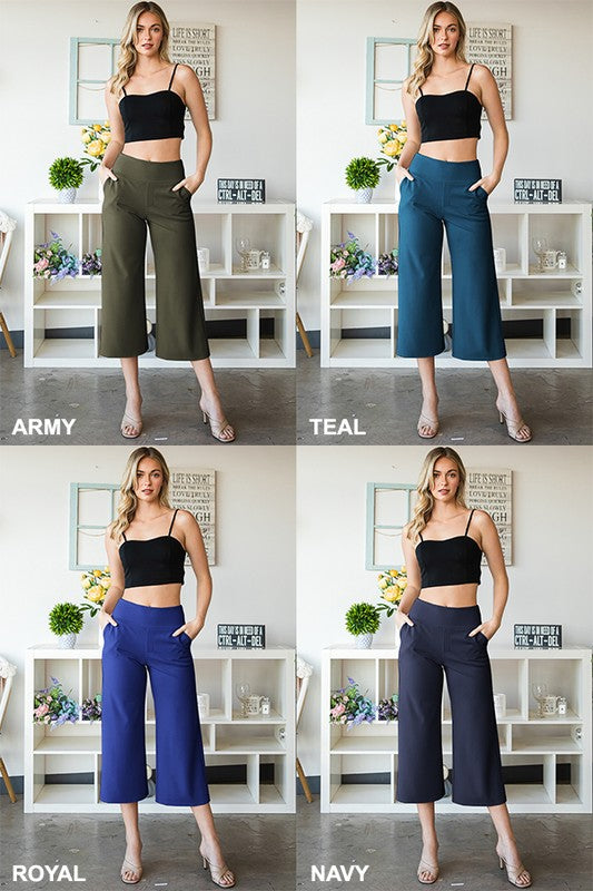 Wide Waistband Solid Culottes Pants with Pockets