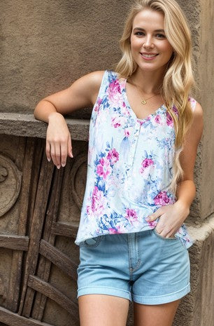 Sleeveless Floral Top with Front Button