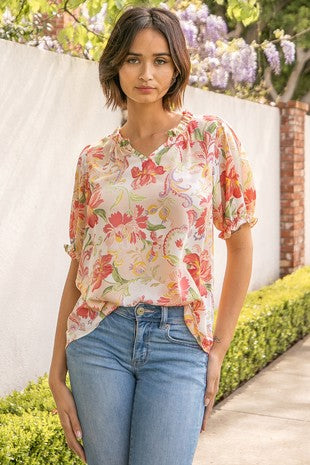 Floral Printed V-Neck with Ruffled Neck and Sleeves