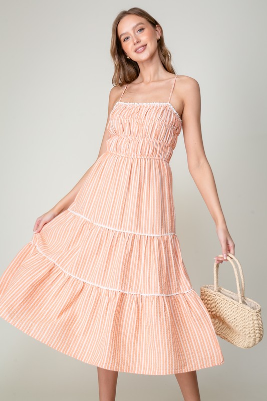 Coastal Breeze Striped Smocked Midi Dress