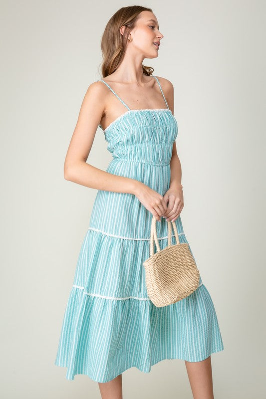 Coastal Breeze Striped Smocked Midi Dress
