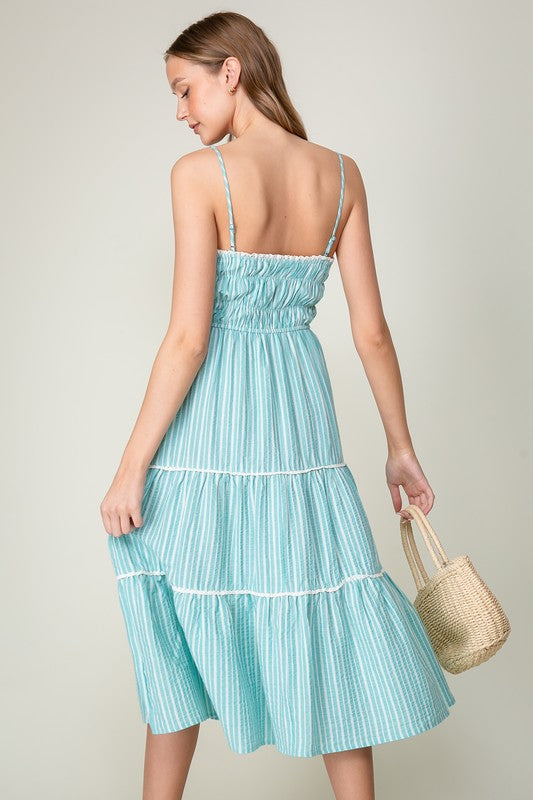 Coastal Breeze Striped Smocked Midi Dress