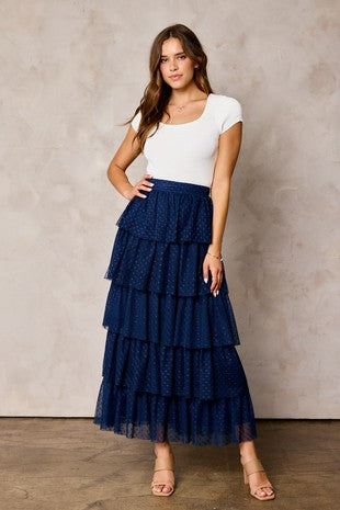 Navy Tiered Mesh Skirt