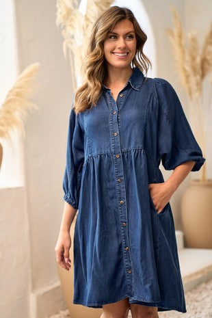 Button Down Puff Sleeve Mini Dress