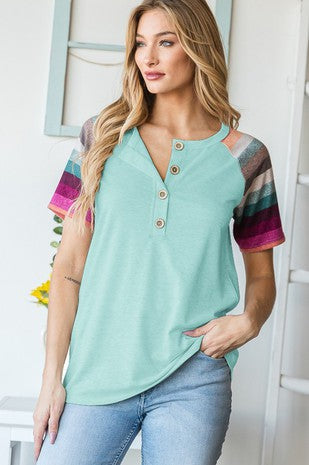 Short Sleeve Split V-Neck Top with Front Button