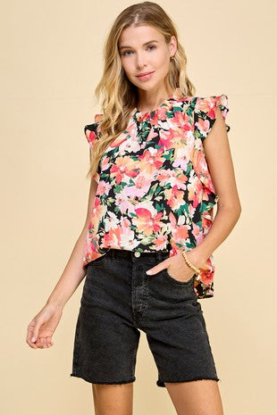 Floral Top with Ruffled Neck and Sleeves