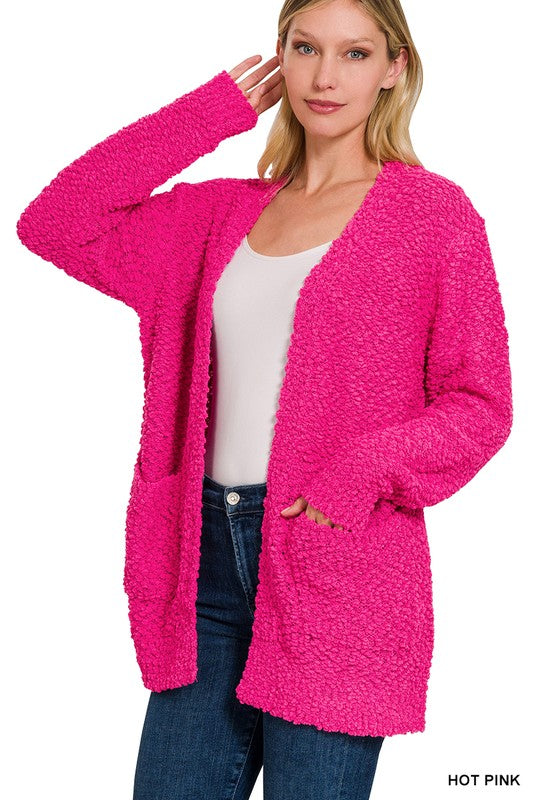 Long Sleeve Popcorn Sweater Cardigan with Pockets