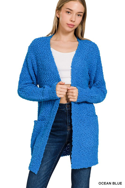 Long Sleeve Popcorn Sweater Cardigan with Pockets