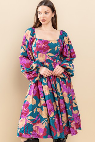 Floral Square Neckline Midi Dress