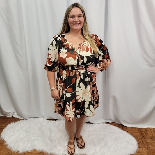 Abstract Print Smocked Dress